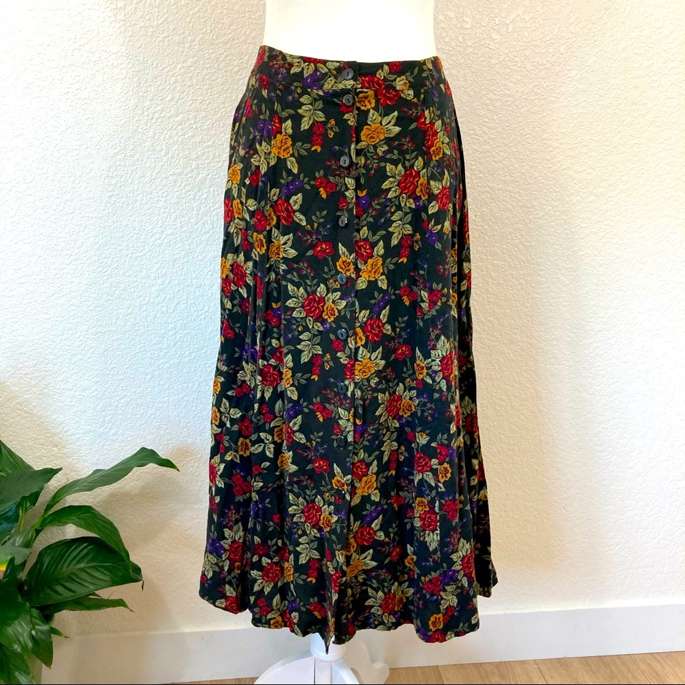 Vintage 90s Dark Floral Button Front Midi Skirt